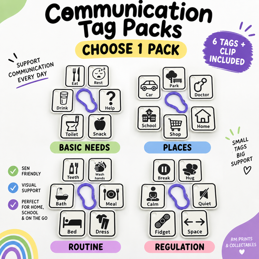 Communication Tag Pack – 6 Visual Support Tags + Clip
